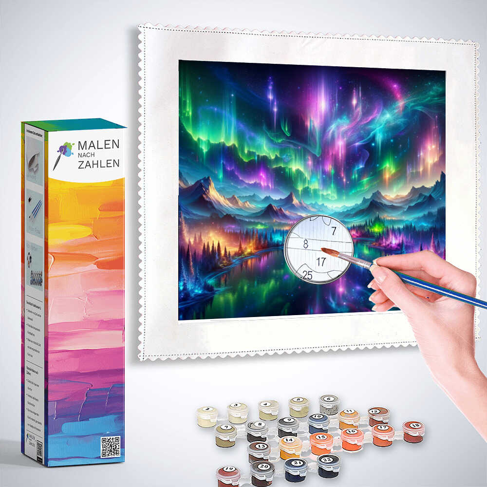 Painting by numbers kit titled 'Kosmisches Wunder' showing a cosmic landscape with vibrant colors and painting tools.