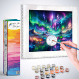 Painting by numbers kit titled 'Kosmisches Wunder' showing a cosmic landscape with vibrant colors and painting tools.