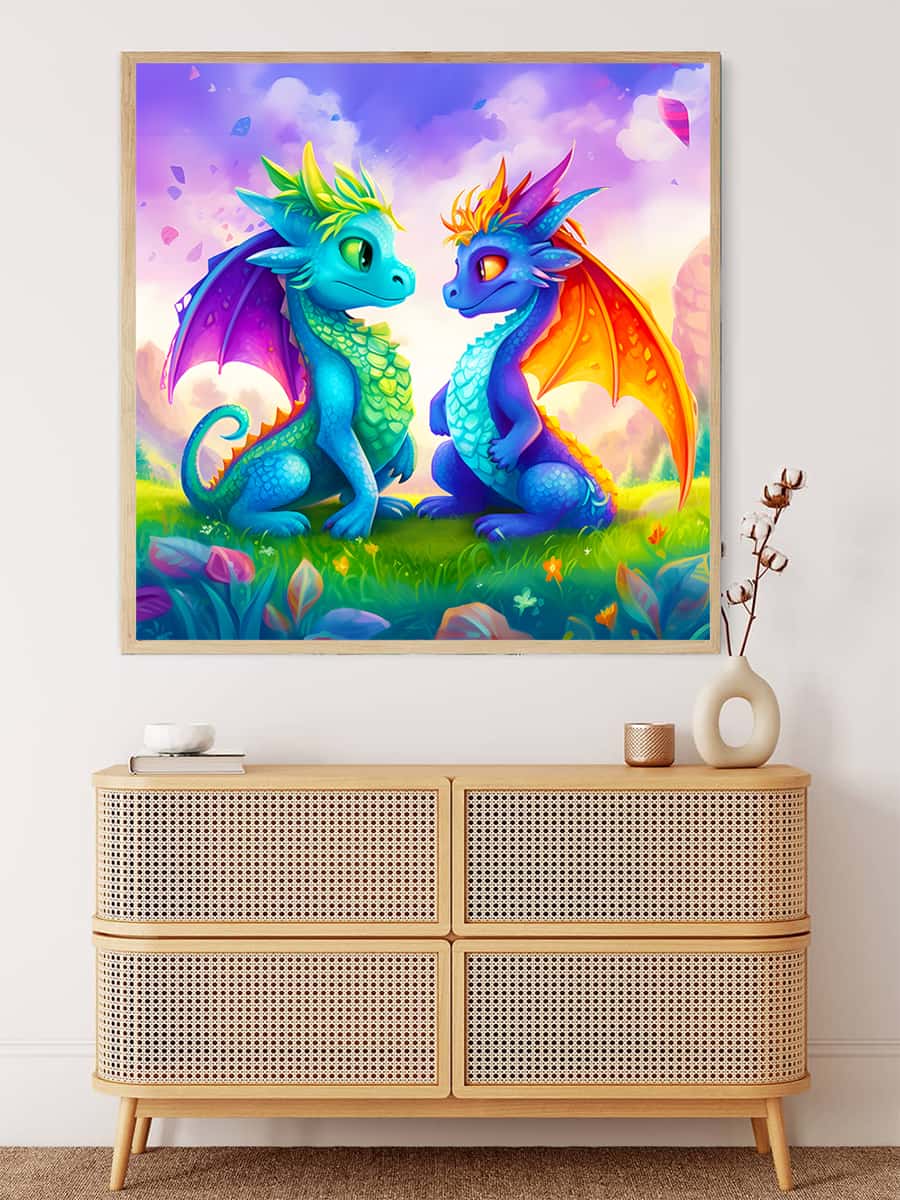 "Malen nach Zahlen – Drachenfreundschaft Gemälde über Schrank, zwei bunte Drachen in einer fantasievollen Landschaft"