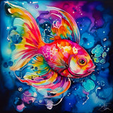 Abstract painting of a colorful goldfish in vibrant shades of blue, pink, and orange.