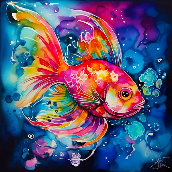 Abstract painting of a colorful goldfish in vibrant shades of blue, pink, and orange.
