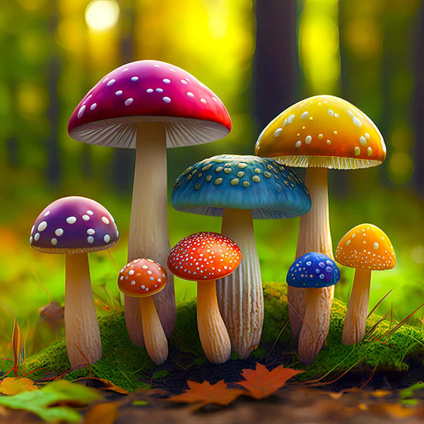 Brightly colored mushrooms in a lush forest, highlighting a vibrant paint-by-numbers "Rainbow Mushrooms in the Forest" scene.