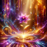 Majestic purple flower with glowing petals in vibrant, abstract art; illuminated by golden light, showcasing elegance and mystery in diamond painting.