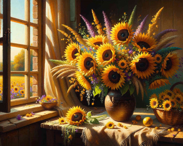 Malen nach Zahlen - Sonnenblumenstrauß am Fenster