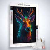 Diamond Painting Kit with Hirsch Portrait in dark colors, including canvas, acrylic diamonds, artist tweezers, and setting pen.