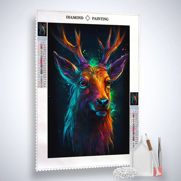 Diamond Painting Kit with Hirsch Portrait in dark colors, including canvas, acrylic diamonds, artist tweezers, and setting pen.