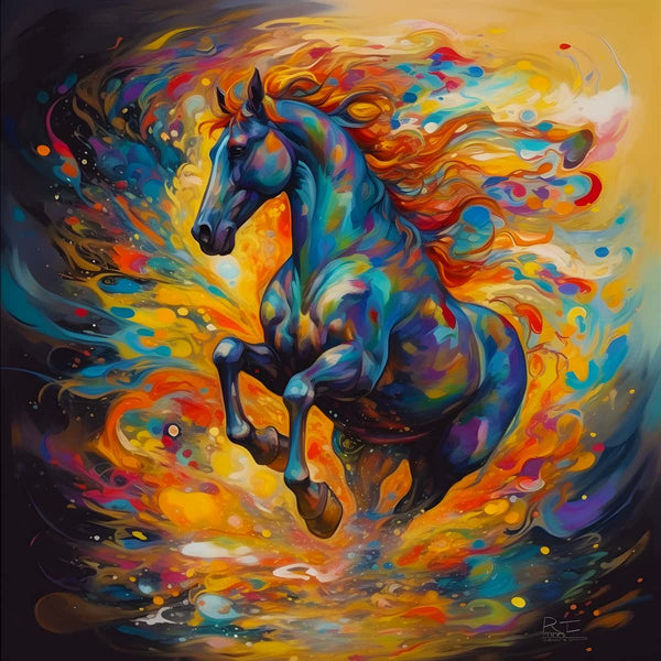 Diamond painting of a galloping horse with vibrant colors and swirling background