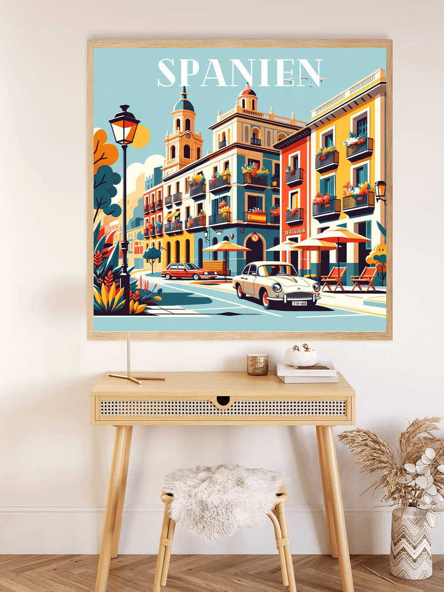 Mediterranean painting by numbers kit with scenic Spanish street, vibrant buildings, and classic car displayed on home wall