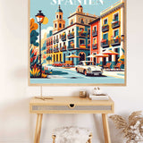 Mediterranean painting by numbers kit with scenic Spanish street, vibrant buildings, and classic car displayed on home wall