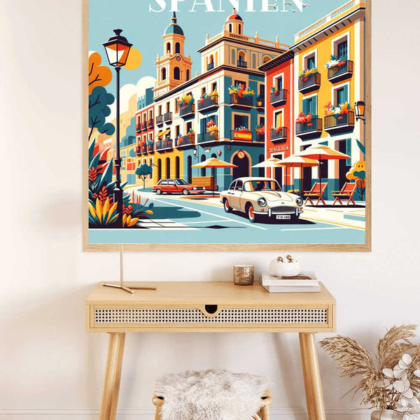 Mediterranean painting by numbers kit with scenic Spanish street, vibrant buildings, and classic car displayed on home wall