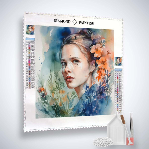 Diamond Painting Kit Verträumte Augenblicke Profi-Leinwand mit Frau Gesichtsbild, Acryl Diamonds, Setzstift, Pinzette und Zubehör.