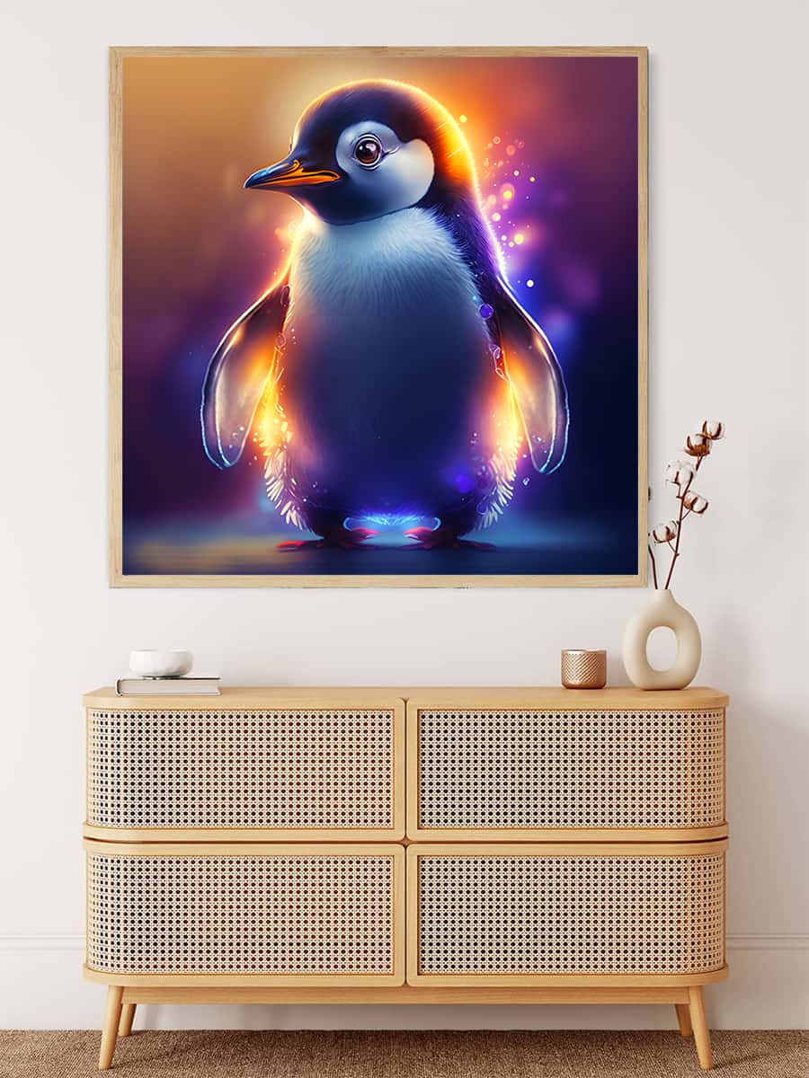 Malen nach Zahlen - Leuchtender Pinguin Kunstwerk über einer Kommode, entspannende Malerei mit strahlendem Pinguin in lebendigen Farben