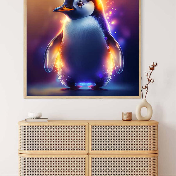 Malen nach Zahlen - Leuchtender Pinguin Kunstwerk über einer Kommode, entspannende Malerei mit strahlendem Pinguin in lebendigen Farben