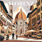 Illustration of Florenz with people cycling and walking on a sunny day, featuring historical architecture and vibrant street life.