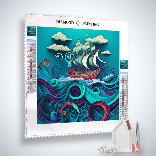 Diamond Painting Tiefsee Papartart kit featuring a colorful ocean scene with a sailing ship and included painting tools