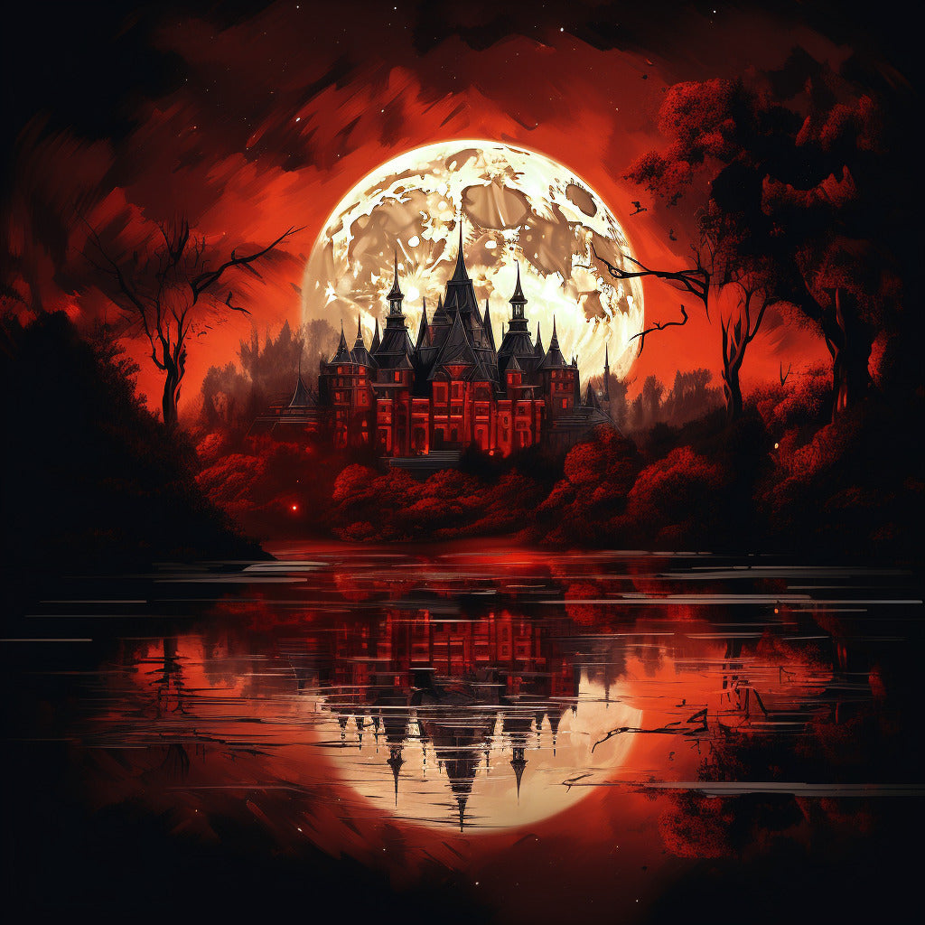 Painting of a castle under a blood moon with a red sky and reflection in a lake