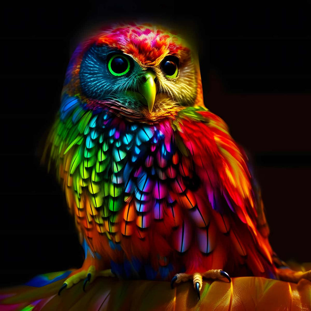 Colorful owl in front-facing pose at night for AB Diamond Painting Kit