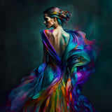 Woman wearing a vibrant, colorful dress on a dark background, showcasing a paint-by-numbers artwork.