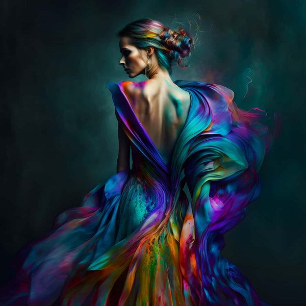 Woman wearing a vibrant, colorful dress on a dark background, showcasing a paint-by-numbers artwork.
