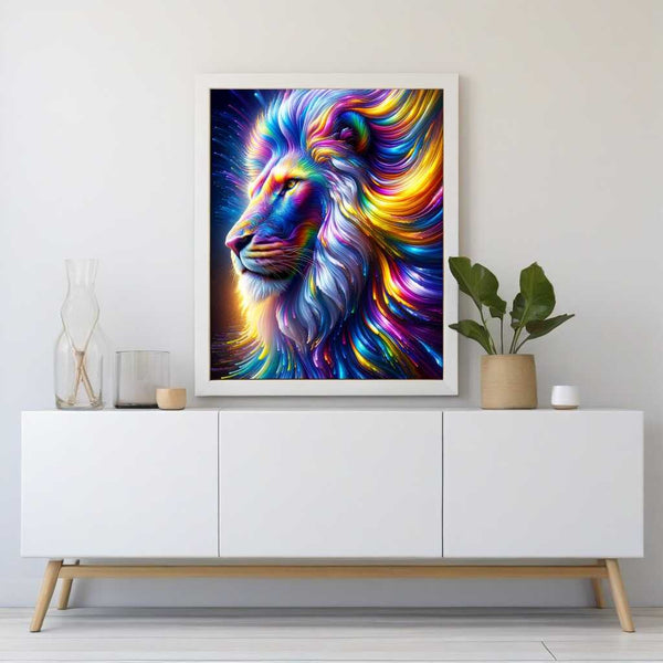 Modern surrealistic diamond painting of a colorful lion with vibrant mane in purples, blues, and yellows, displayed above white cabinet.