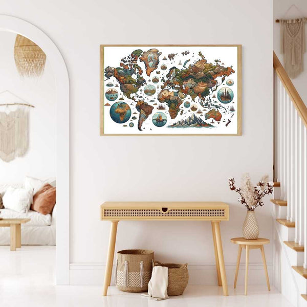 Malen nach Zahlen - Welt der Fantasie, farbenfrohe Karte im modernen Wohnraum mit Boho-Dekor.