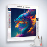 Diamond Painting Kit featuring a vibrant dragon artwork, including canvas, acrylic diamonds, tweezers, and setting tools.
