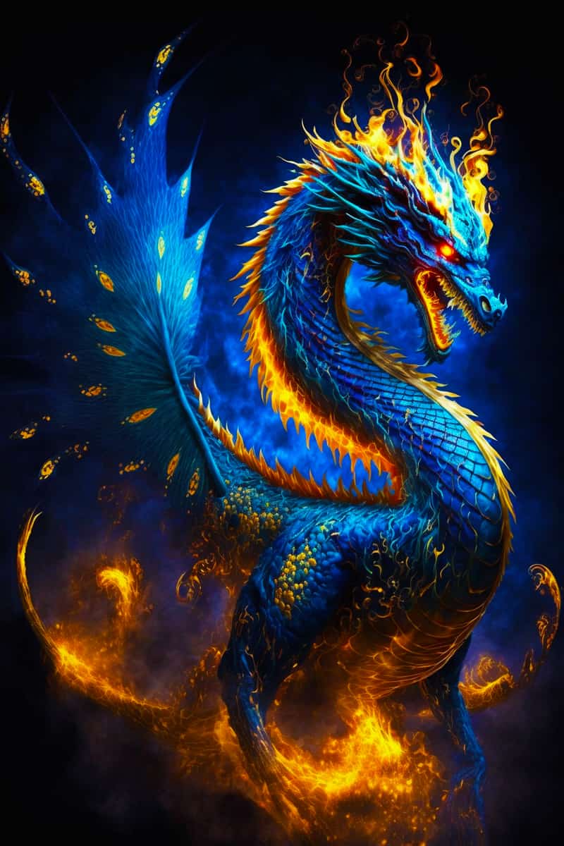 A vibrant blue and orange dragon with intricate scales, standing majestically against a dark, fiery background.