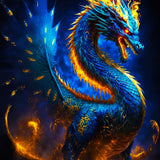 A vibrant blue and orange dragon with intricate scales, standing majestically against a dark, fiery background.