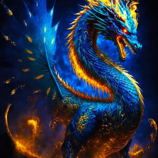 A vibrant blue and orange dragon with intricate scales, standing majestically against a dark, fiery background.