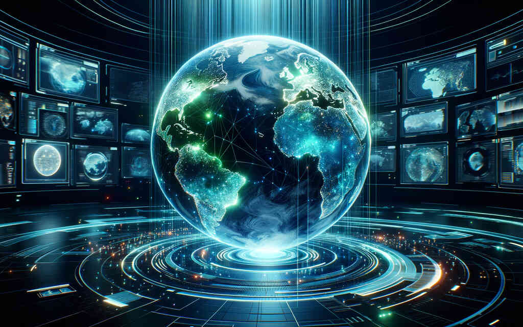 Futuristic Earth with glowing continents and digital interface, showcasing cyber-aesthetics and innovation in neon blue tones.