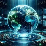 Futuristic Earth with glowing continents and digital interface, showcasing cyber-aesthetics and innovation in neon blue tones.
