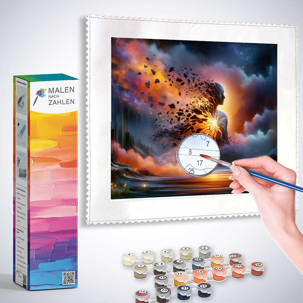 Painting by numbers kit "Geist des Kosmos" with vibrant cosmic design, brush, and color paints displayed alongside finished painting.