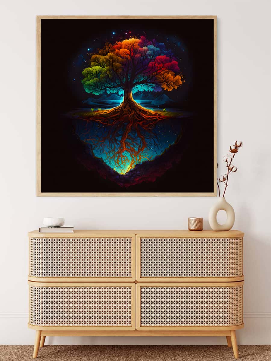 Malen nach Zahlen - Bunter Baum in der Nacht, entspannendes und farbenfrohes Bild eines Baums bei Nacht, das auf einer weißen Kommode hängt.