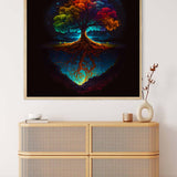 Malen nach Zahlen - Bunter Baum in der Nacht, entspannendes und farbenfrohes Bild eines Baums bei Nacht, das auf einer weißen Kommode hängt.
