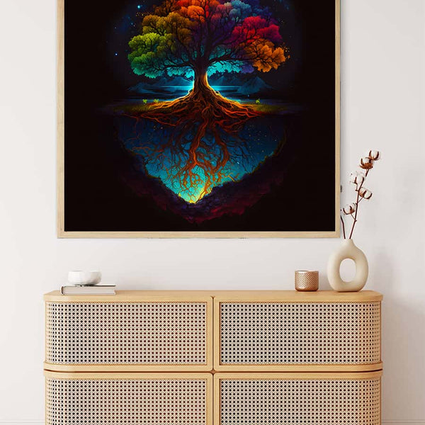 Malen nach Zahlen - Bunter Baum in der Nacht, entspannendes und farbenfrohes Bild eines Baums bei Nacht, das auf einer weißen Kommode hängt.