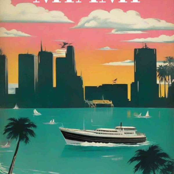 Gemälde von Miami Skyline bei Sonnenuntergang mit Boot und Palmen, Malen nach Zahlen Set