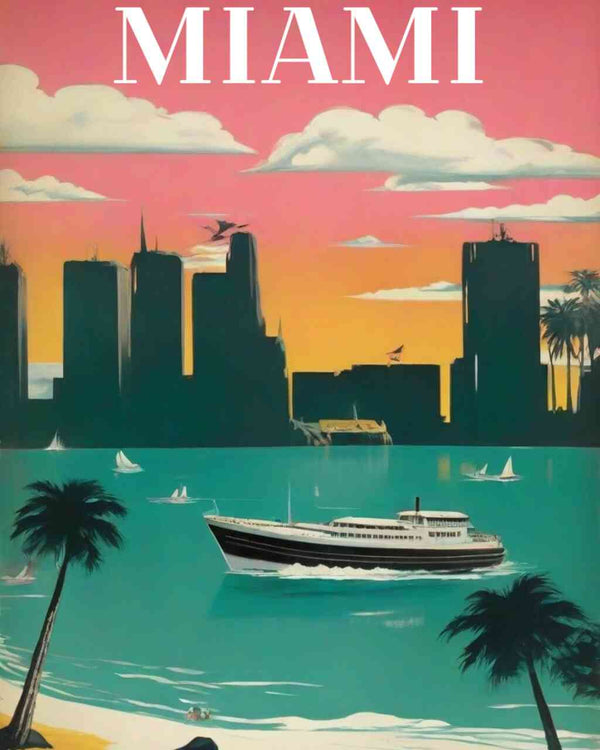 Gemälde von Miami Skyline bei Sonnenuntergang mit Boot und Palmen, Malen nach Zahlen Set