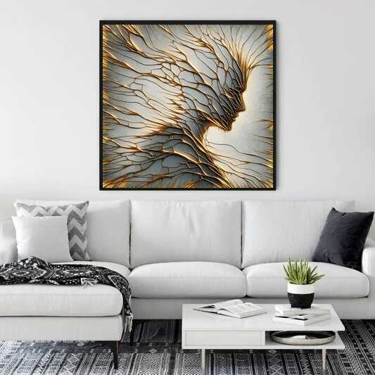 Abstract painting "Geflüsterte Eleganz" with golden veins decorating a modern living room wall above a white sofa.
