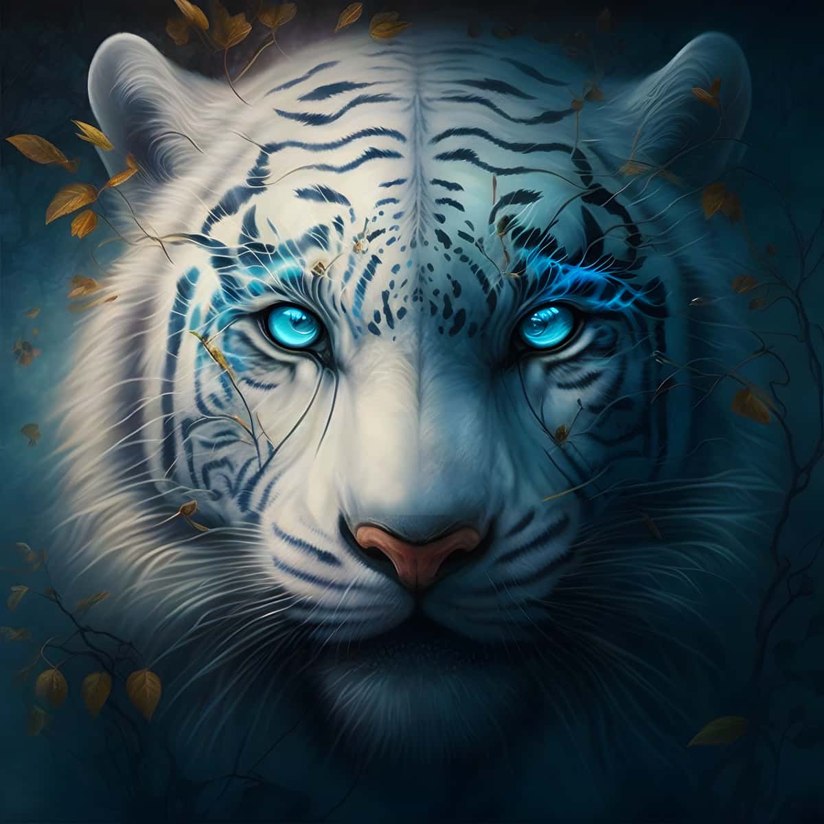 Diamond Painting Kit featuring a frontal view of a Weißer Tiger with glowing blue eyes amidst foliage