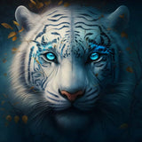 Diamond Painting Kit featuring a frontal view of a Weißer Tiger with glowing blue eyes amidst foliage