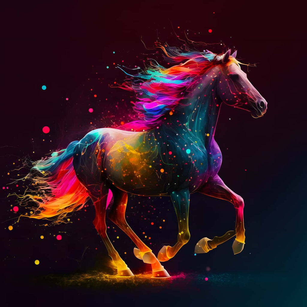 Vibrant multicolored horse in motion, featured in AB Diamond Painting kit, showcasing lively artwork using sparkling acrylic diamonds.