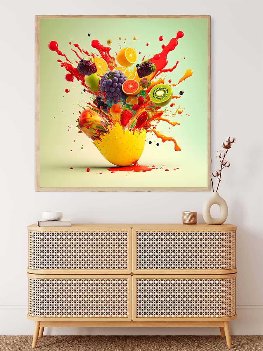 Vibrant fruit explosion painting on wall above wooden cabinet in modern stylish room