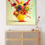 Vibrant fruit explosion painting on wall above wooden cabinet in modern stylish room