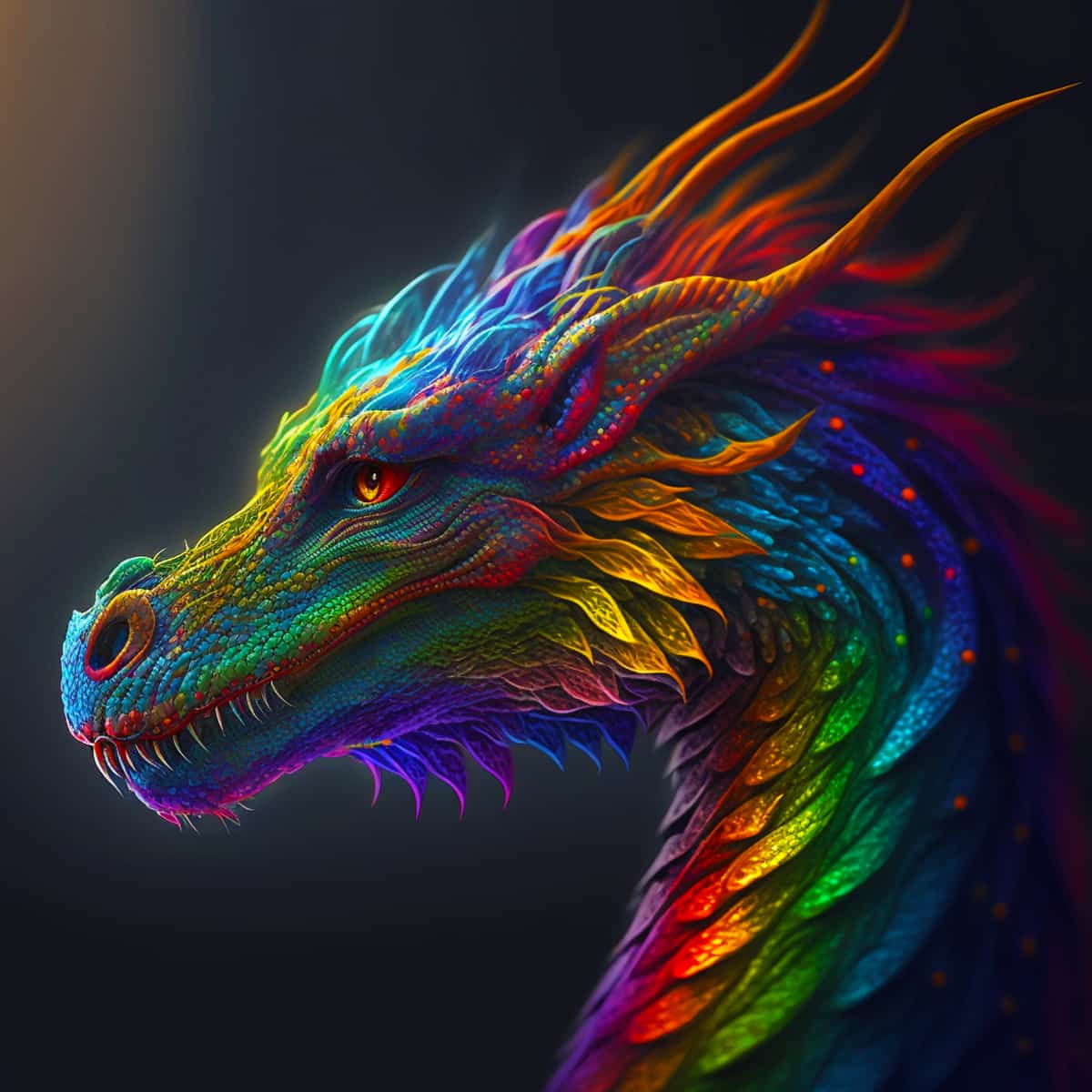 Vibrant, multicolored dragon artwork with intricate details and a glowing aura.