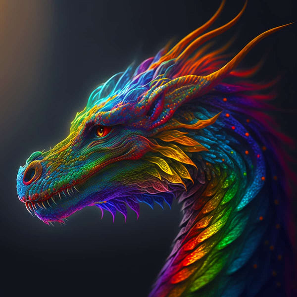 Vibrant multicolored dragon illustration with intricate details and fiery mane against a dark background.