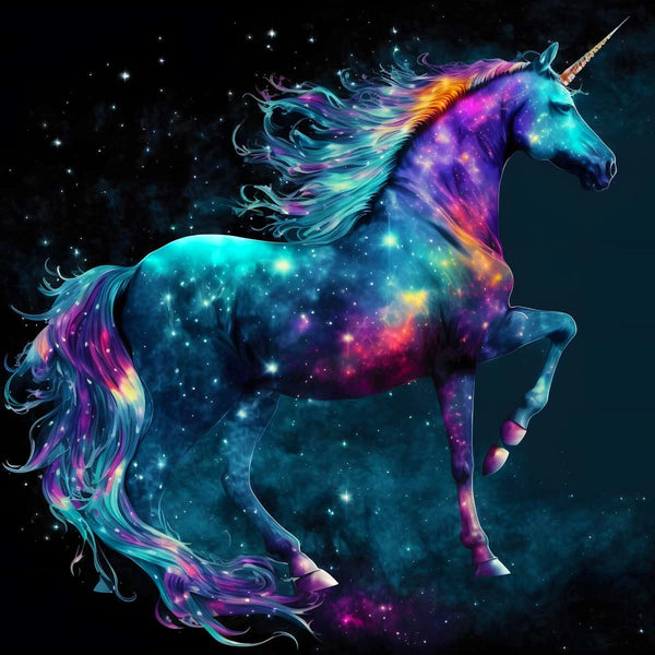 Stolzes buntes Einhorn - Funkelndes Diamond Painting Kunstmotiv mit farbenfrohem Einhorn und schimmerndem Hintergrund.