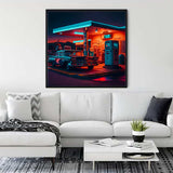 Living room with framed 50s gas station art, white sofa, modern decor, Malen nach Zahlen - 50er Jahre Tankstellenromantik painting.