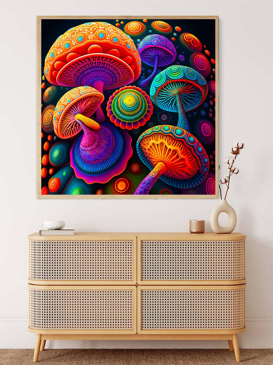 Malen nach Zahlen - Zauberpilze Abstrakt, bunte Pilzkunst in modernem Interieur mit dekorativem Sideboard.