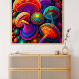 Malen nach Zahlen - Zauberpilze Abstrakt, bunte Pilzkunst in modernem Interieur mit dekorativem Sideboard.