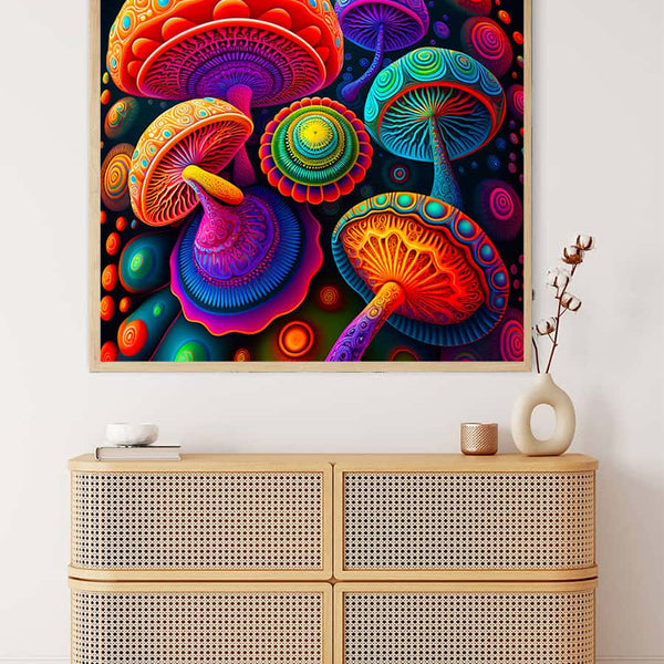 Malen nach Zahlen - Zauberpilze Abstrakt, bunte Pilzkunst in modernem Interieur mit dekorativem Sideboard.